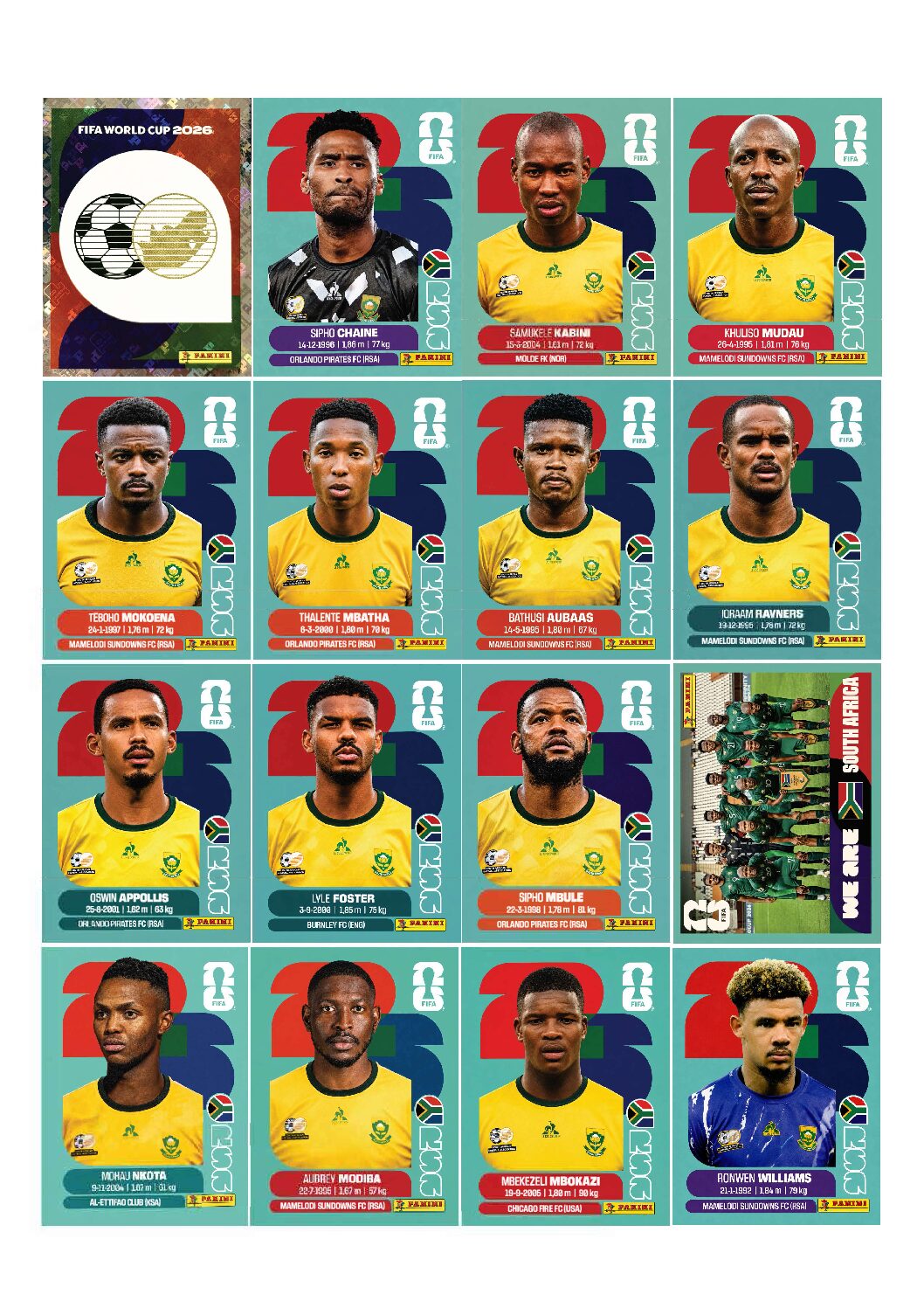 ÁFRICA DO SUL Copa 2026 para imprimir (PDF) seleção completa.