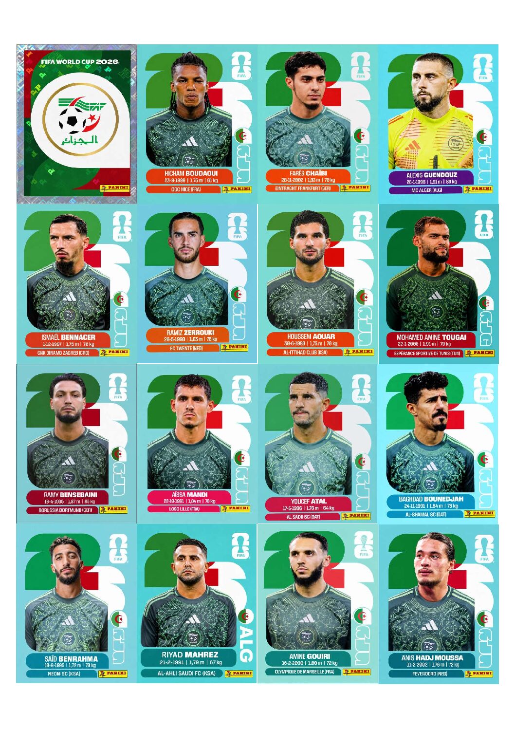 ALGÉRIA Copa 2026 para imprimir (PDF) seleção completa.