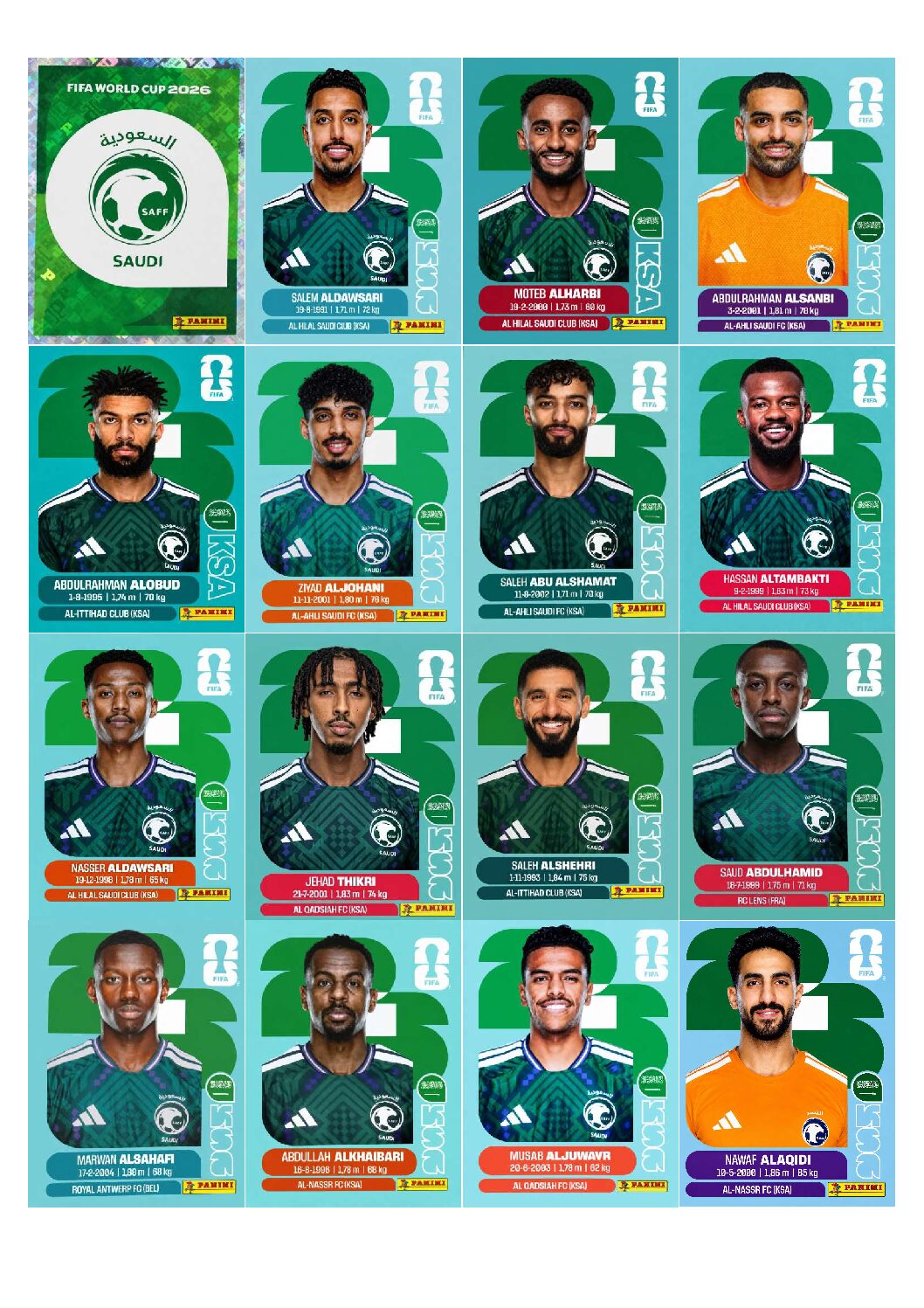 ARÁBIA SAUDITA Copa 2026 para imprimir (PDF) seleção completa.