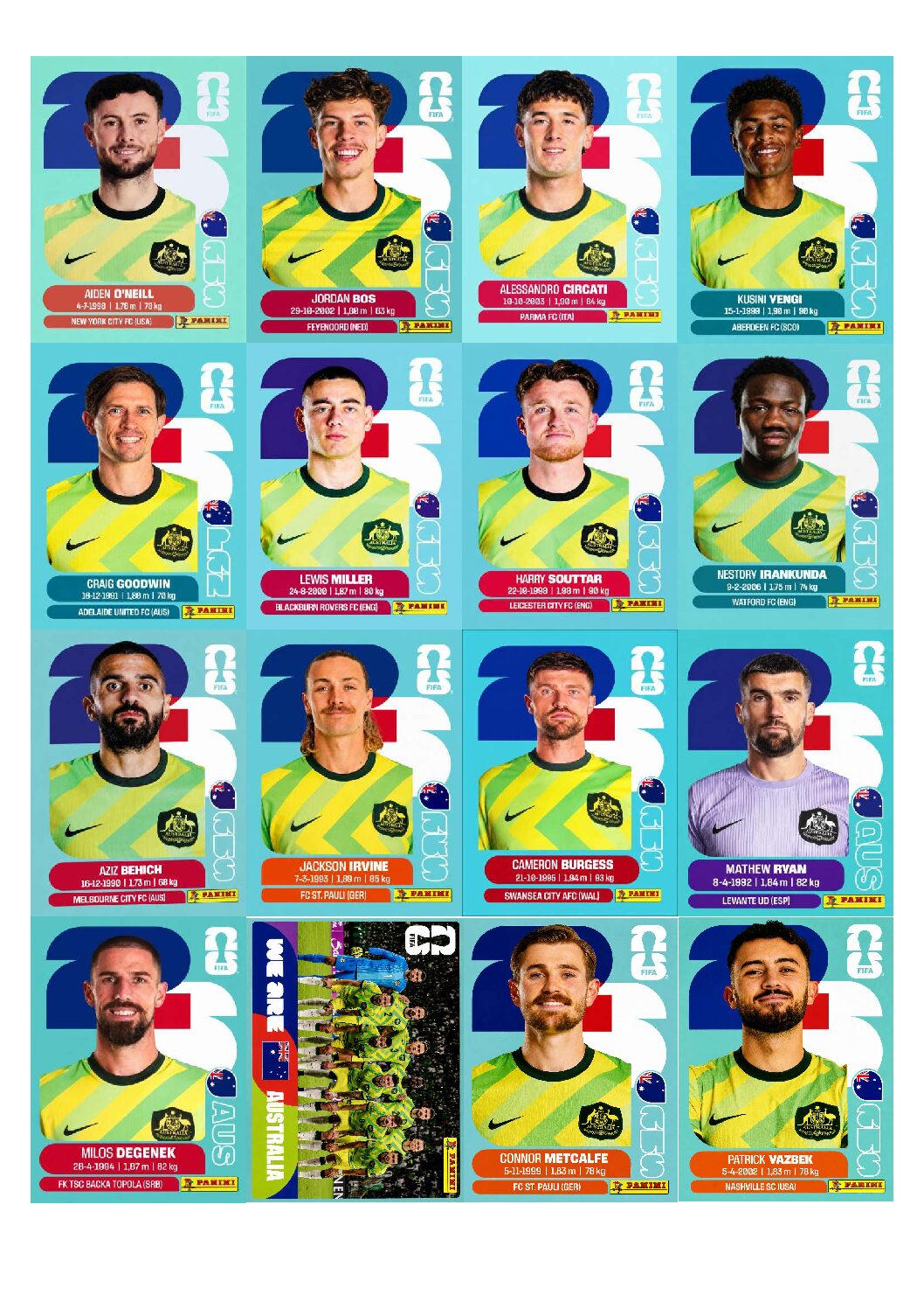 AUSTRÁLIA 2026 para imprimir (PDF) seleção completa.