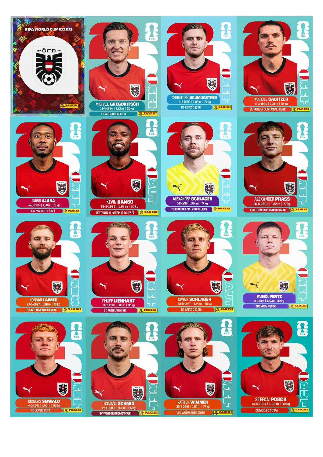 ÁUSTRIA Copa 2026 para imprimir (PDF) seleção completa.