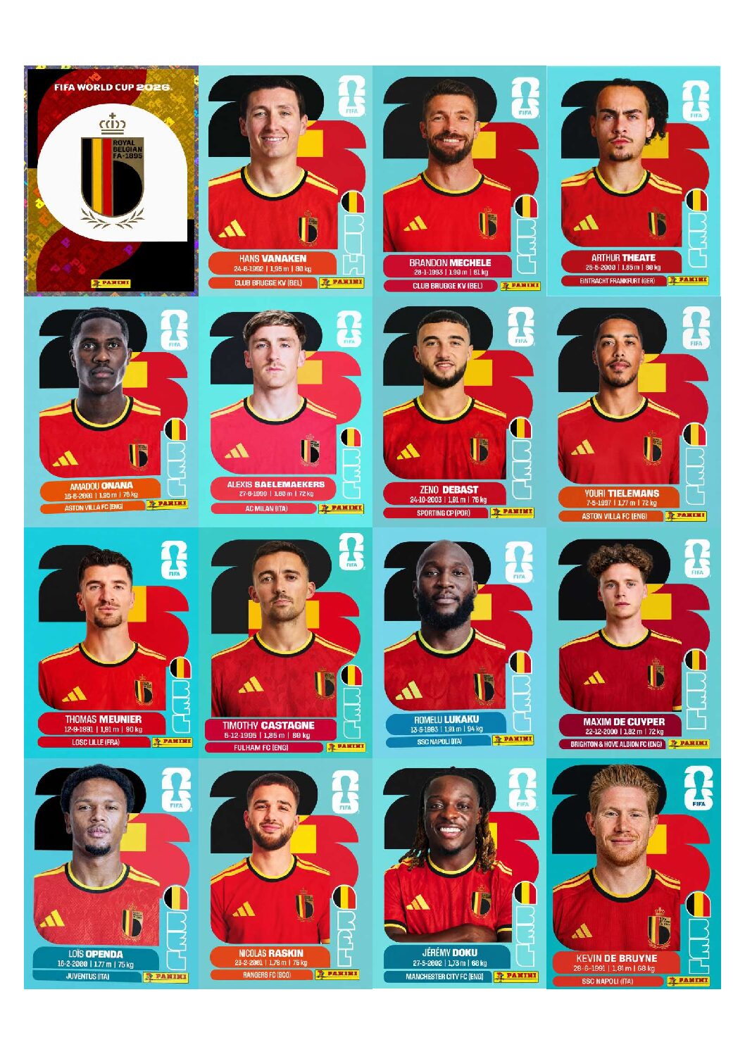 BÉLGICA Copa 2026 para imprimir (PDF) seleção completa.