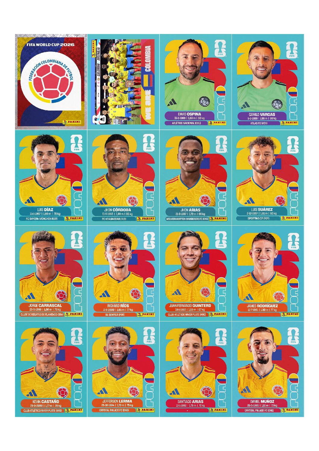COLÔMBIA Copa 2026 para imprimir (PDF) seleção completa.