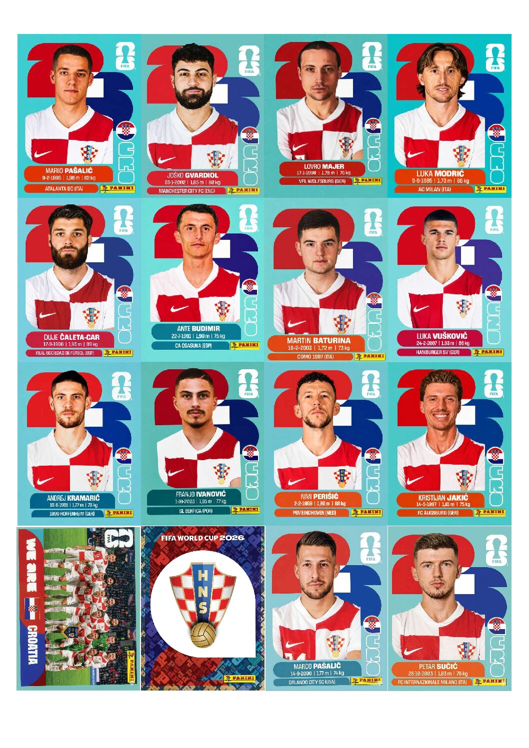 CROÁCIA 2026 para imprimir (PDF) seleção completa.