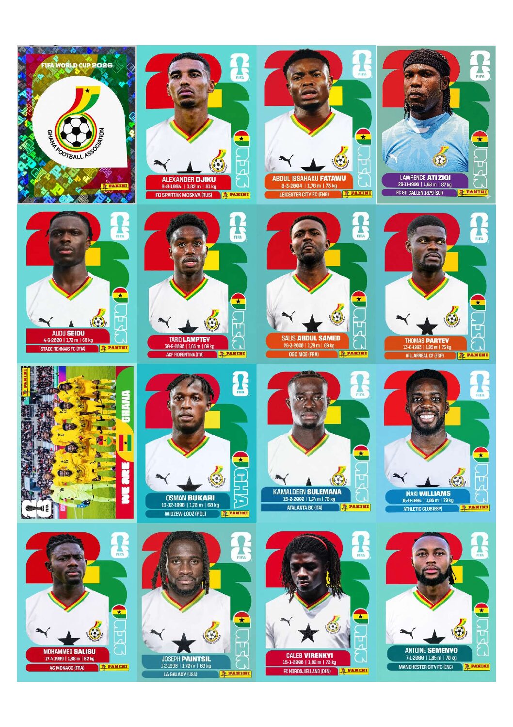 GHANA Copa 2026 para imprimir (PDF) seleção completa.