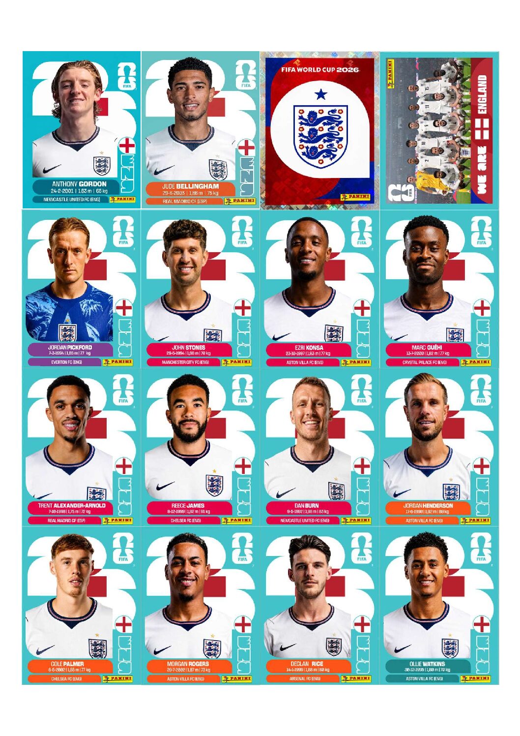 INGLATERRA Copa 2026 para imprimir (PDF) seleção completa.
