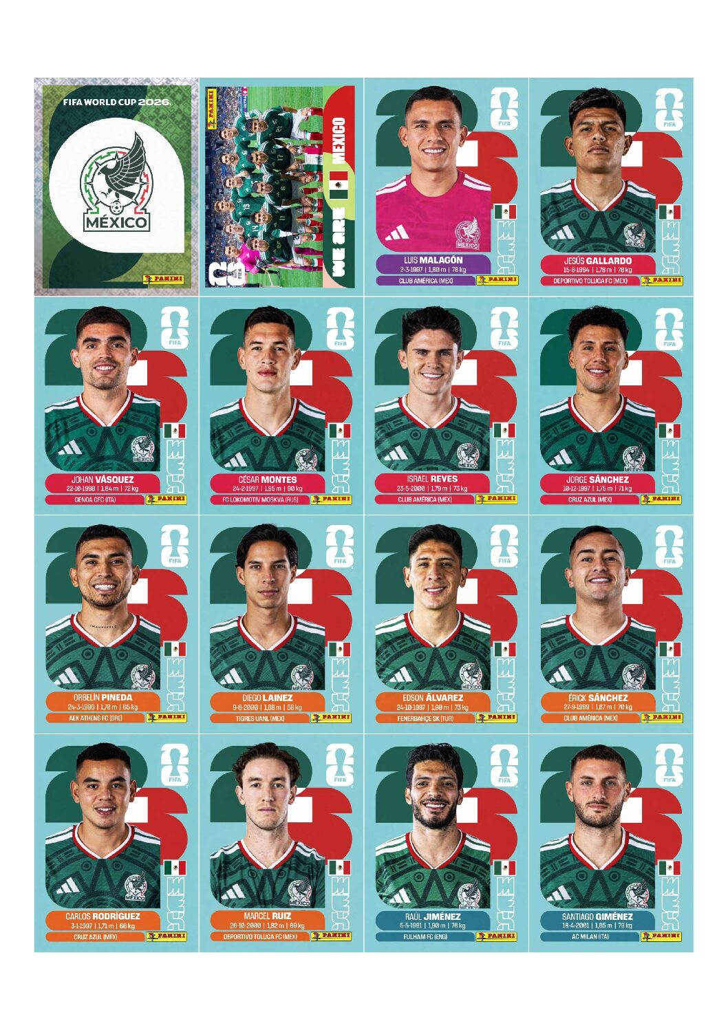MÉXICO Copa 2026 para imprimir (PDF) seleção completa.