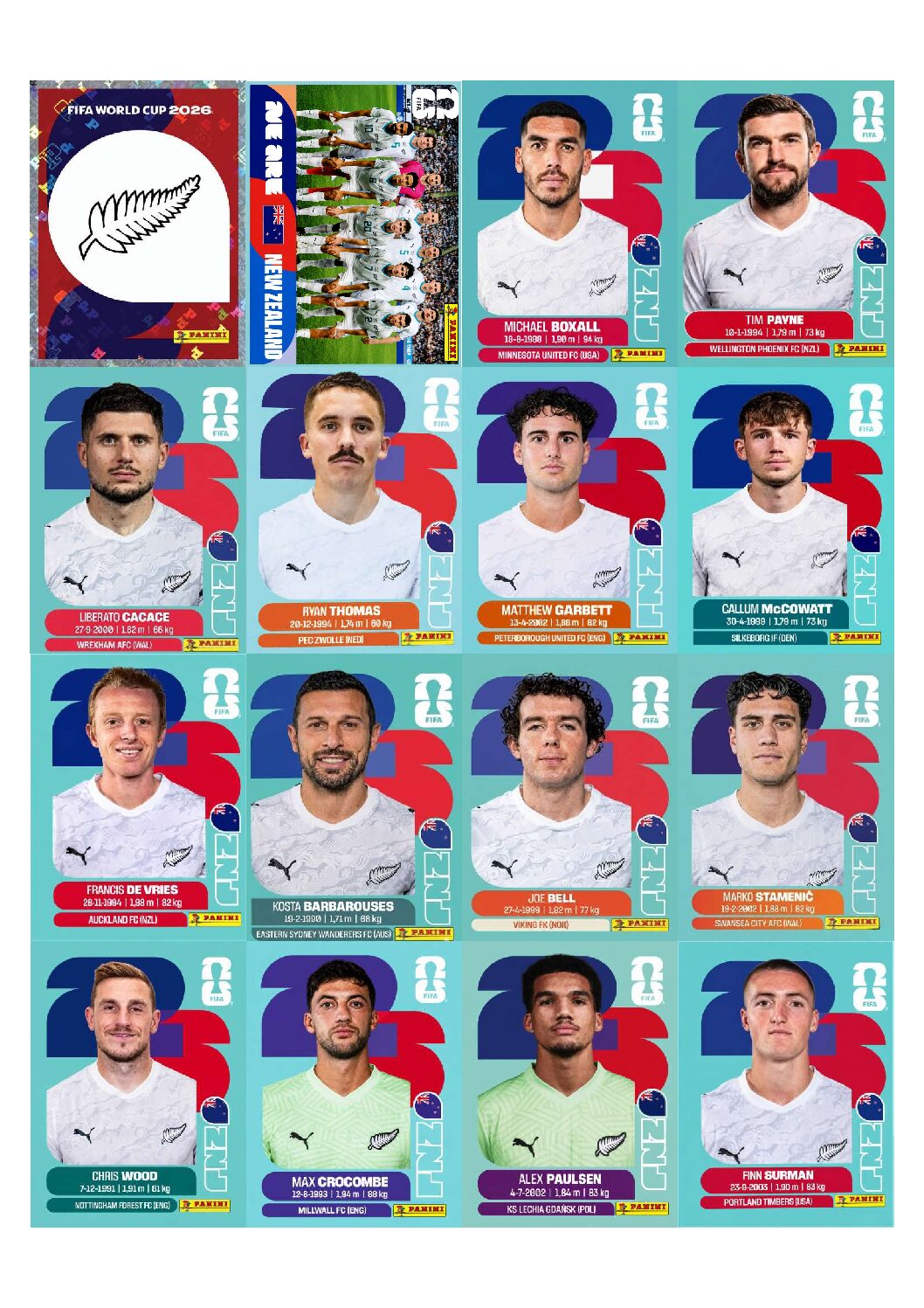 NOVA ZELÂNDIA Copa 2026 para imprimir (PDF) seleção completa.