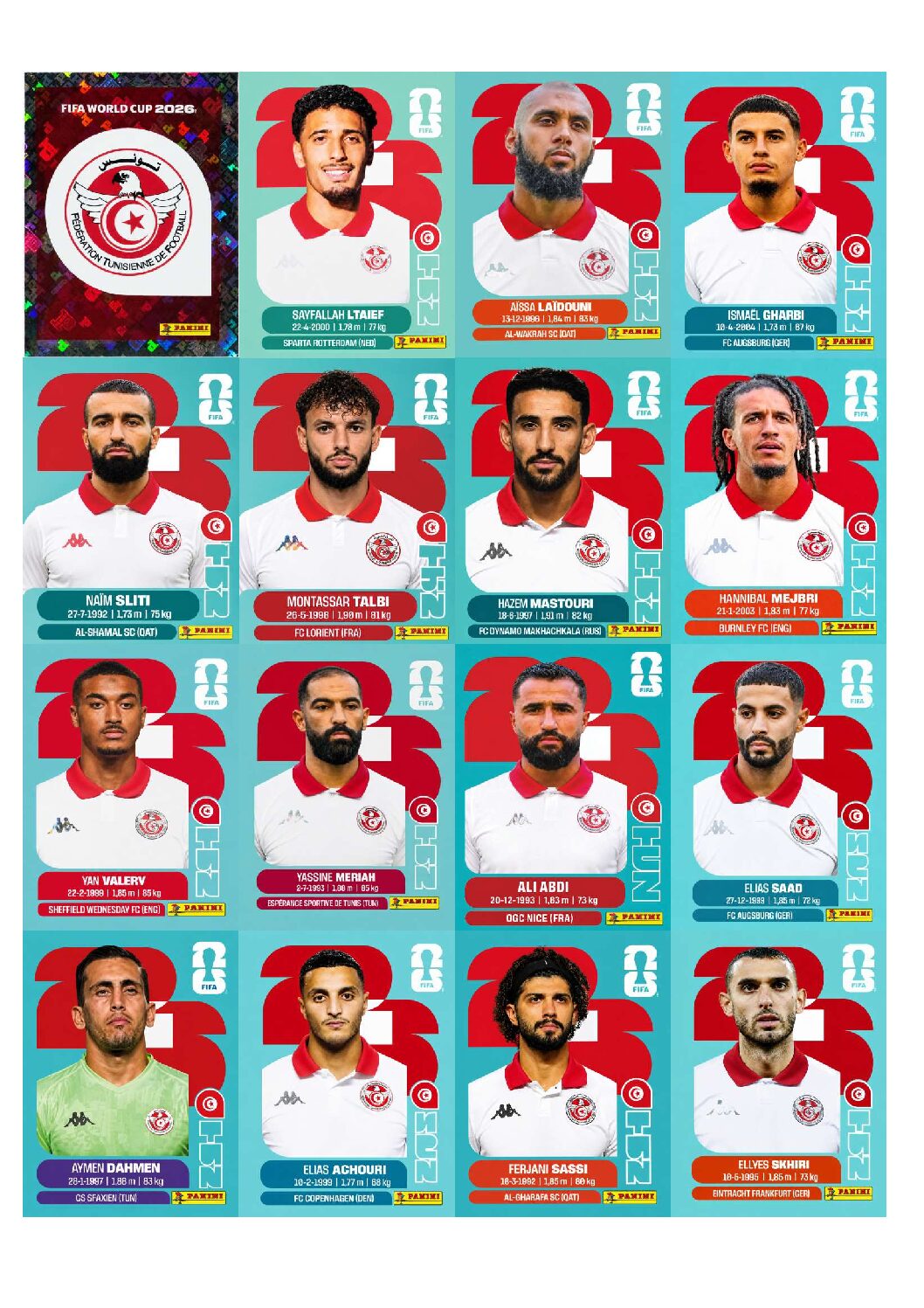 TUNÍSIA Copa 2026 para imprimir (PDF) seleção completa.