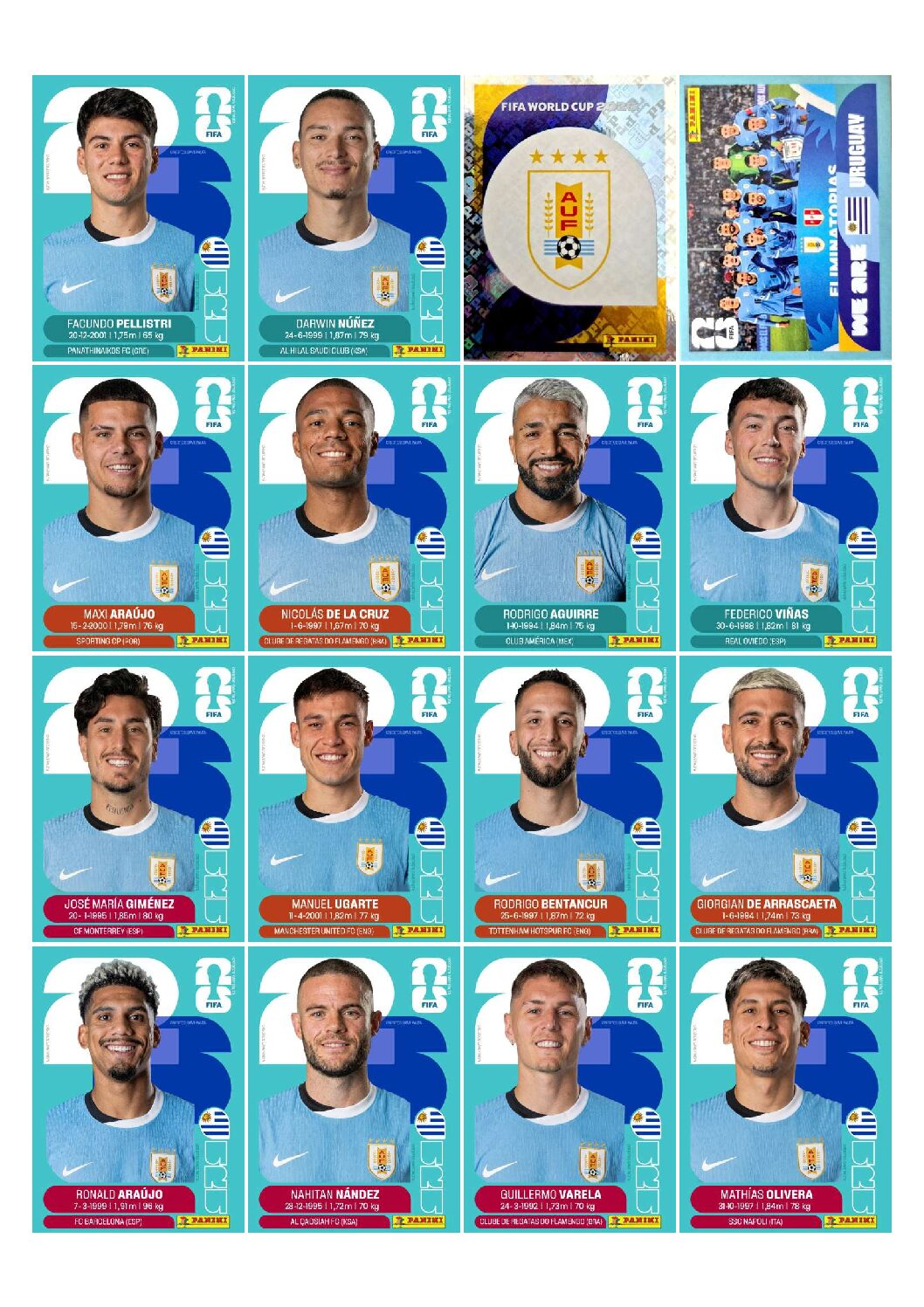 URUGUAI Copa 2026 para imprimir (PDF) seleção completa.