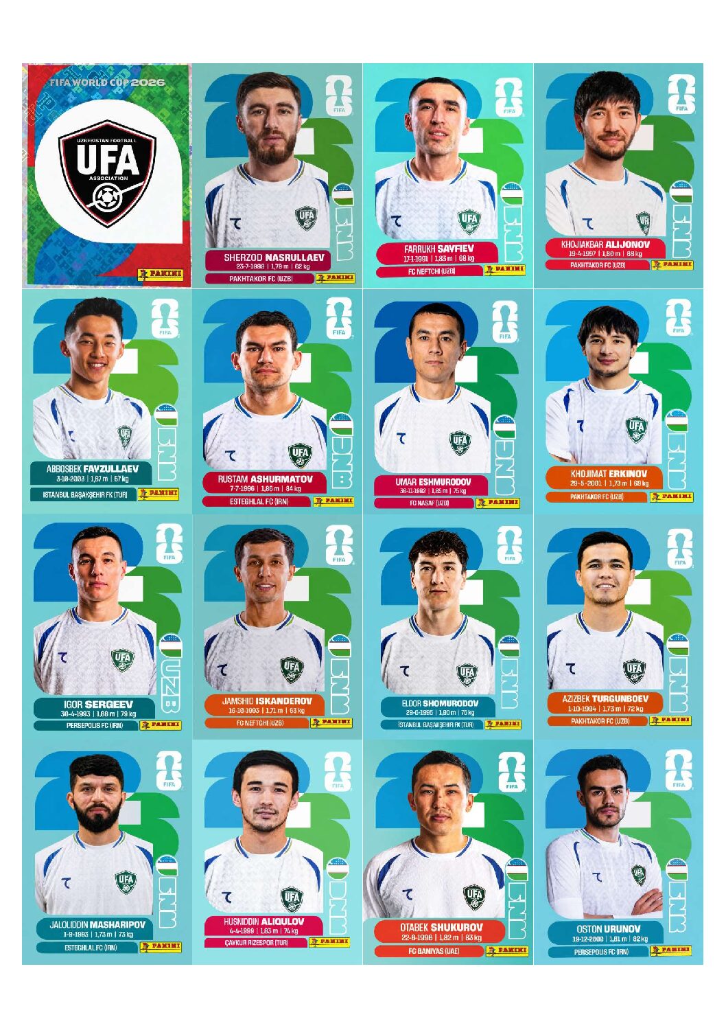 UZBEQUISTÃO Copa 2026 para imprimir (PDF) seleção completa.