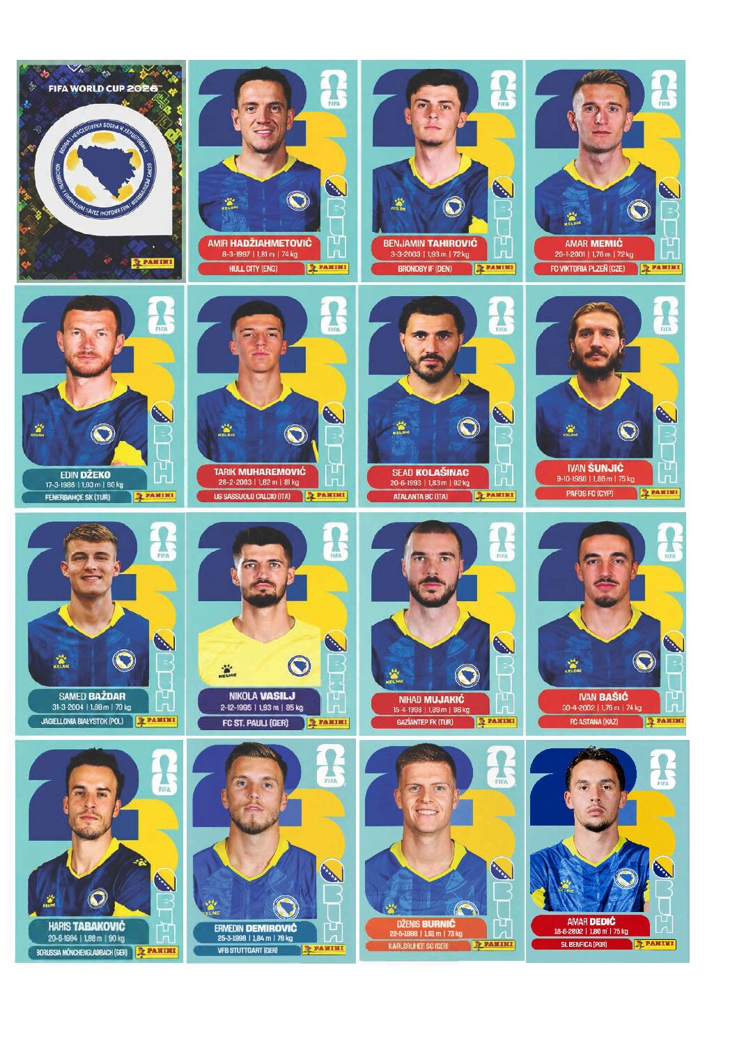 BÓSNIA Copa 2026 para imprimir (PDF) seleção completa.