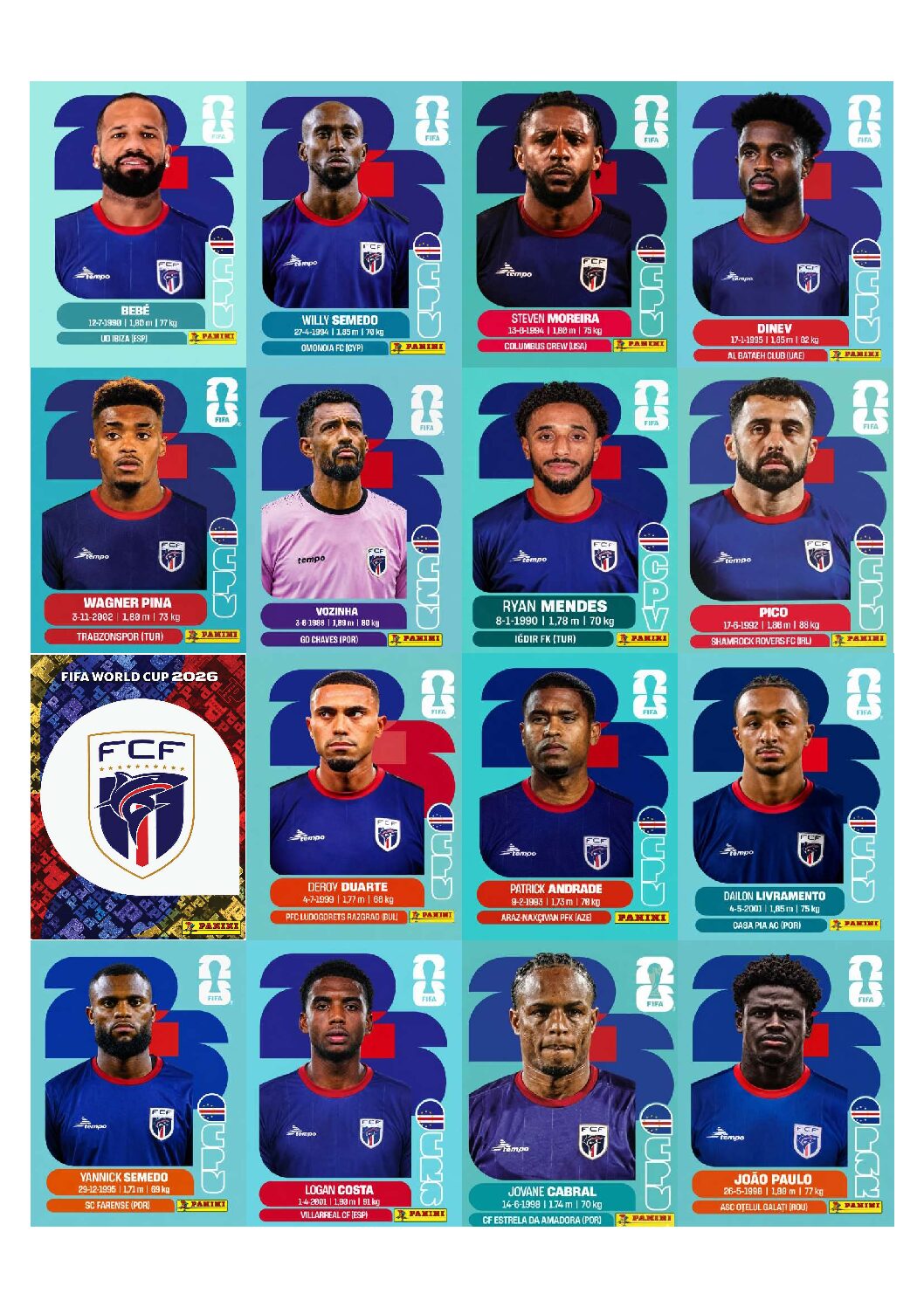 CABO VERDE Copa 2026 para imprimir (PDF) seleção completa.
