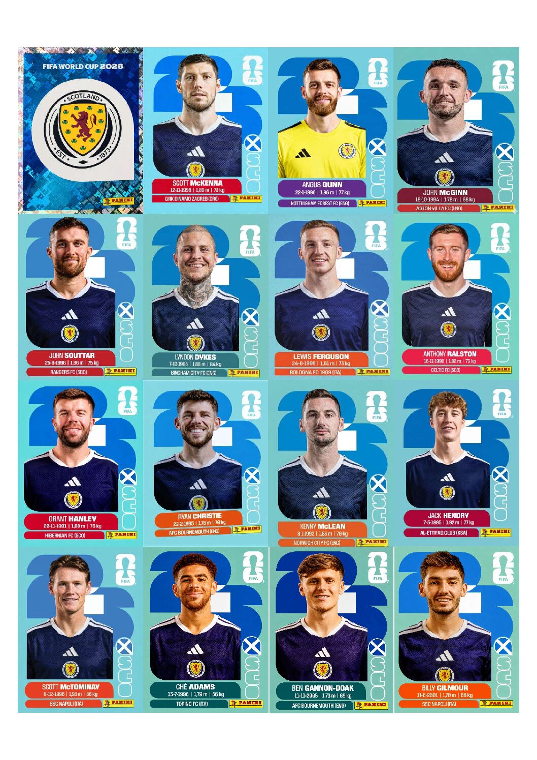ESCÓCIA Copa 2026 para imprimir (PDF) seleção completa.